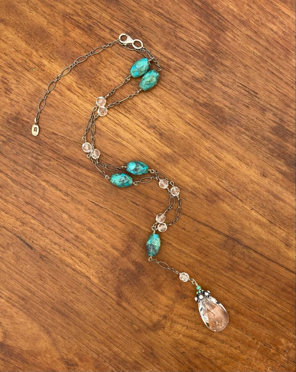 Barse Sterling Silver Turquoise Lariat Y Necklace Clear Crystal Accents 925
